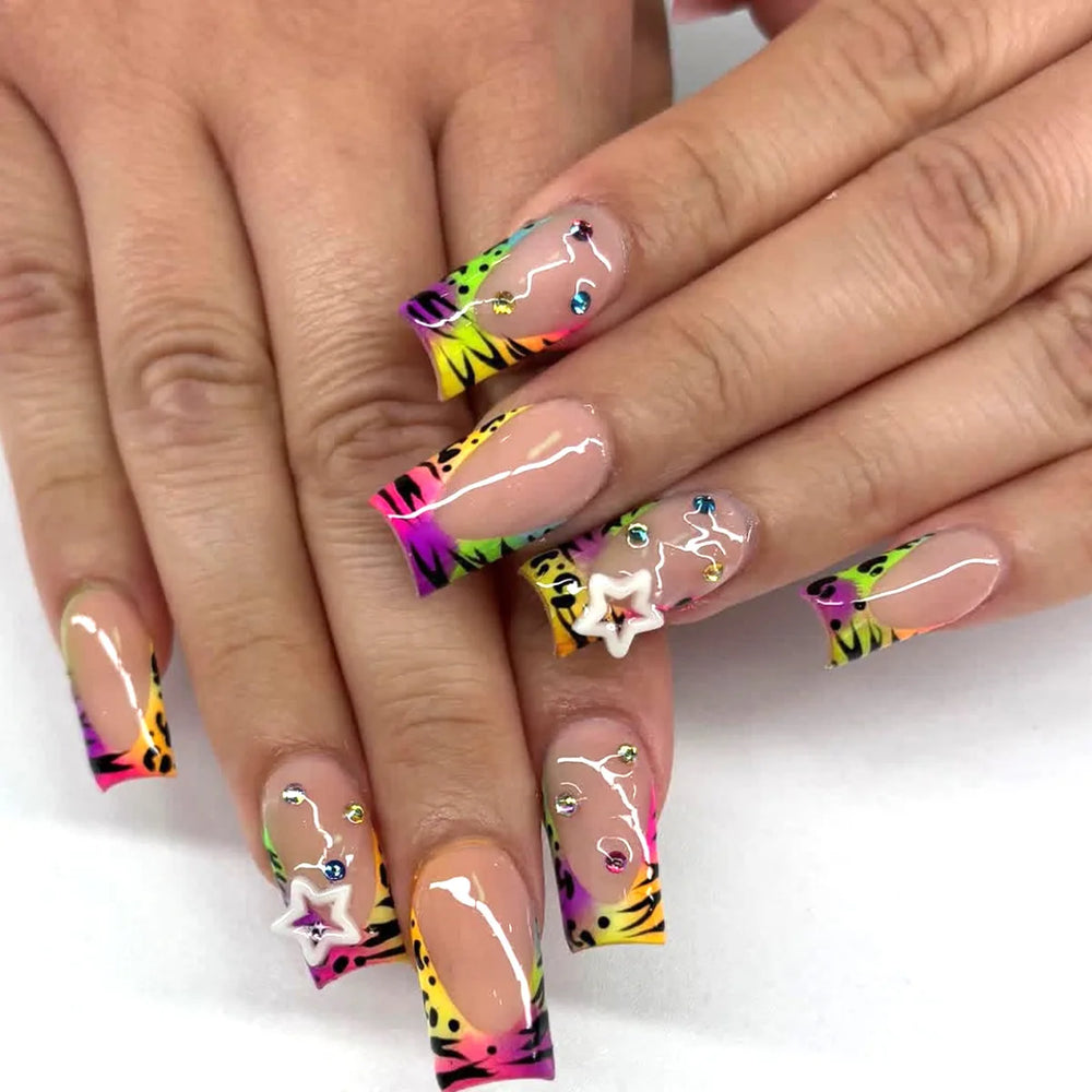 Rainbow Star Zebra French Y2K Press-On Nails – Almond, 24 Pcs