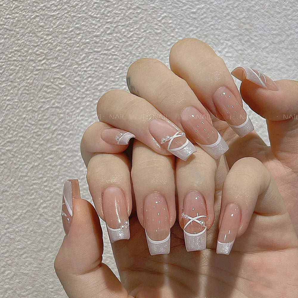 Pink Ballet Bow Handmade Press-On Nails – Coffin, 24 Pcs