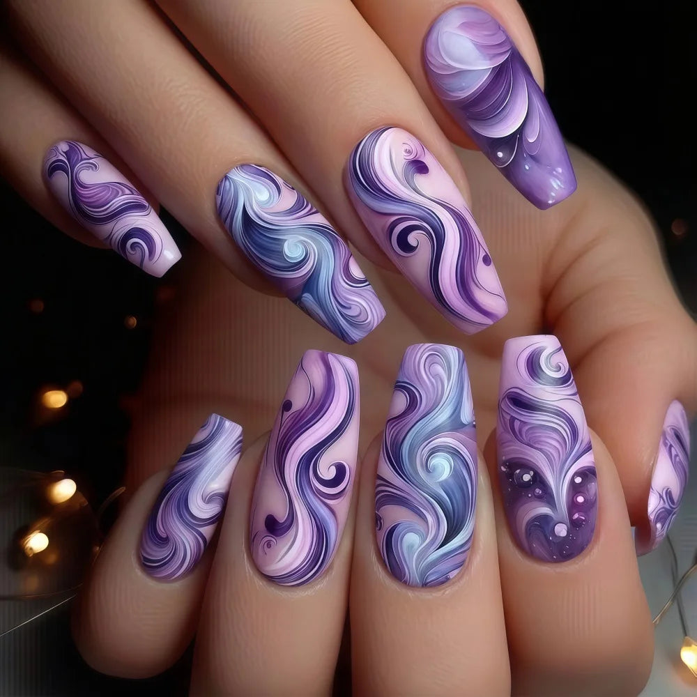 Ice Blue & Purple Floral Wave Ballet Press-On Nails – Medium Square, 24 Pcs