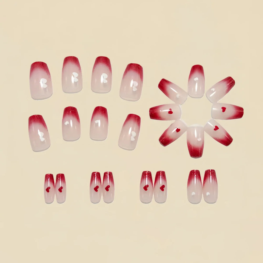 Pink Red Gradient Cute Heart Valentine's Press-On Nails – Medium Long Square Almond, 24 Pcs