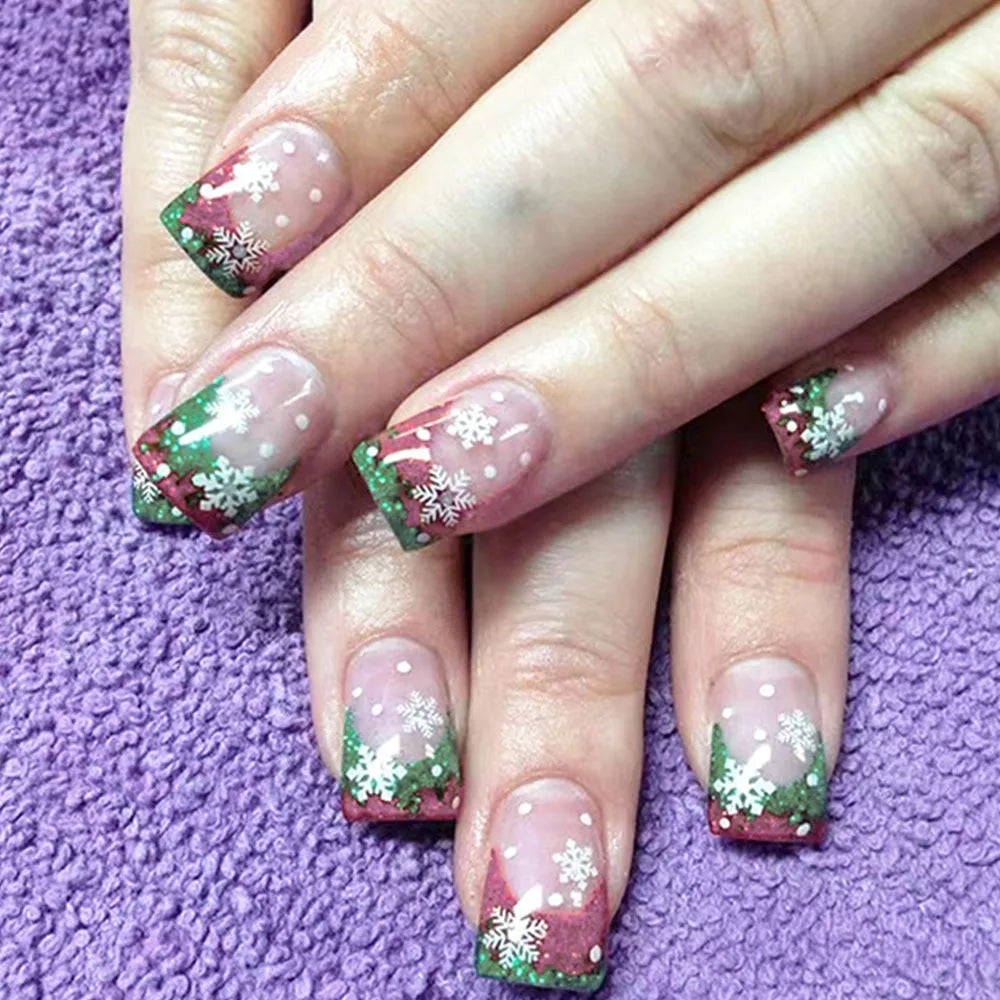 Snowflake Glitter Christmas Press-On Nails – Short Square, 24 Pcs