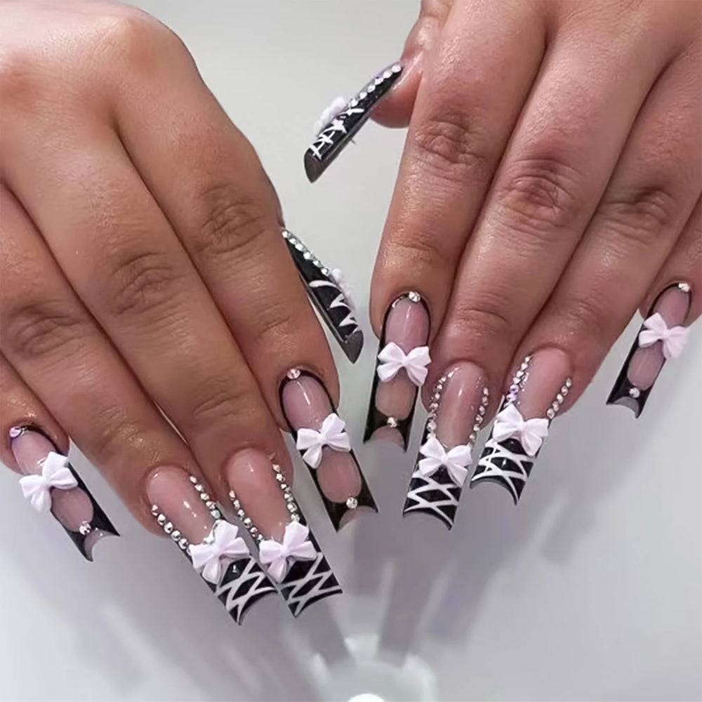 Nude Pink 3D Bow French Press-On Nails – Long Square, 24 Pcs