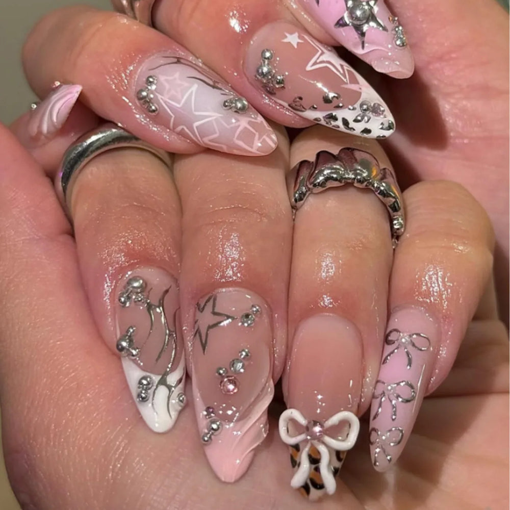 Pink Glossy Y2K Metal Star French Press-On Nails – Almond, 24 Pcs