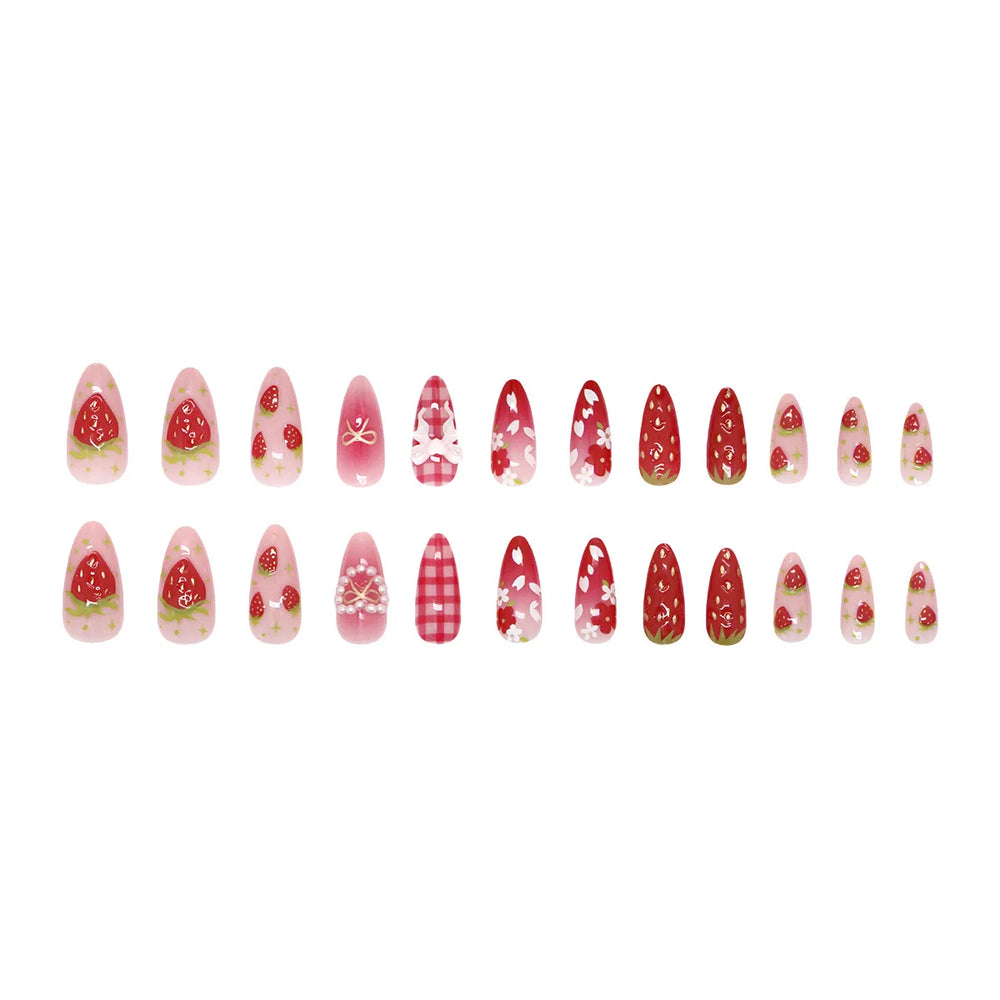 Strawberry Pink Plaid 3D Bow Press-On Nails – Almond, 24 Pcs