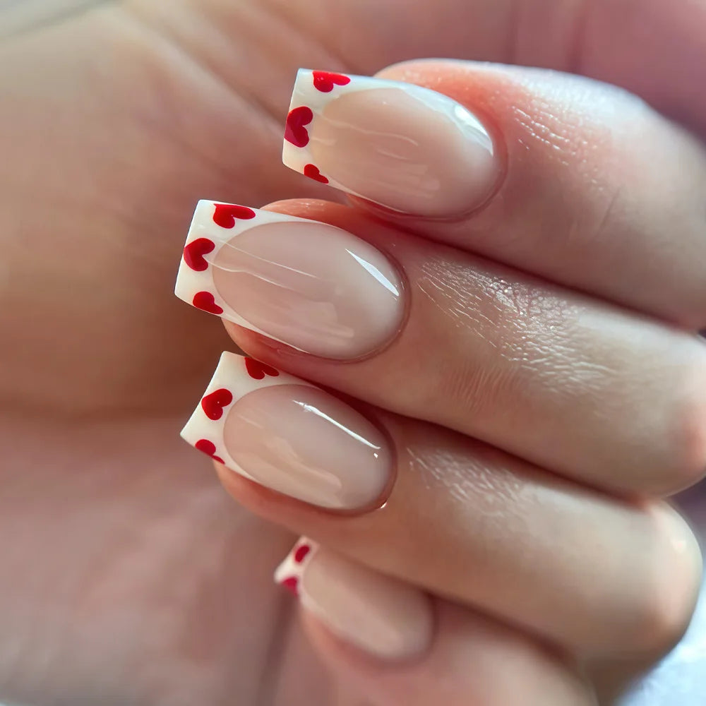 Black & Red Heart Valentine's French Press-On Nails – Medium Square
