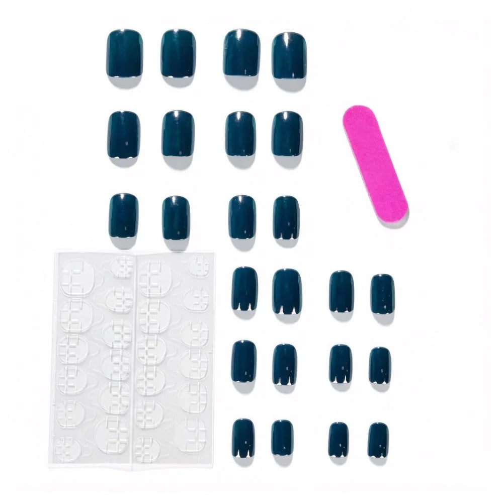 24pcs/set dark blue fake nails for women Holographic Plated glossy square nail tips full cover reusable press on false nail kit