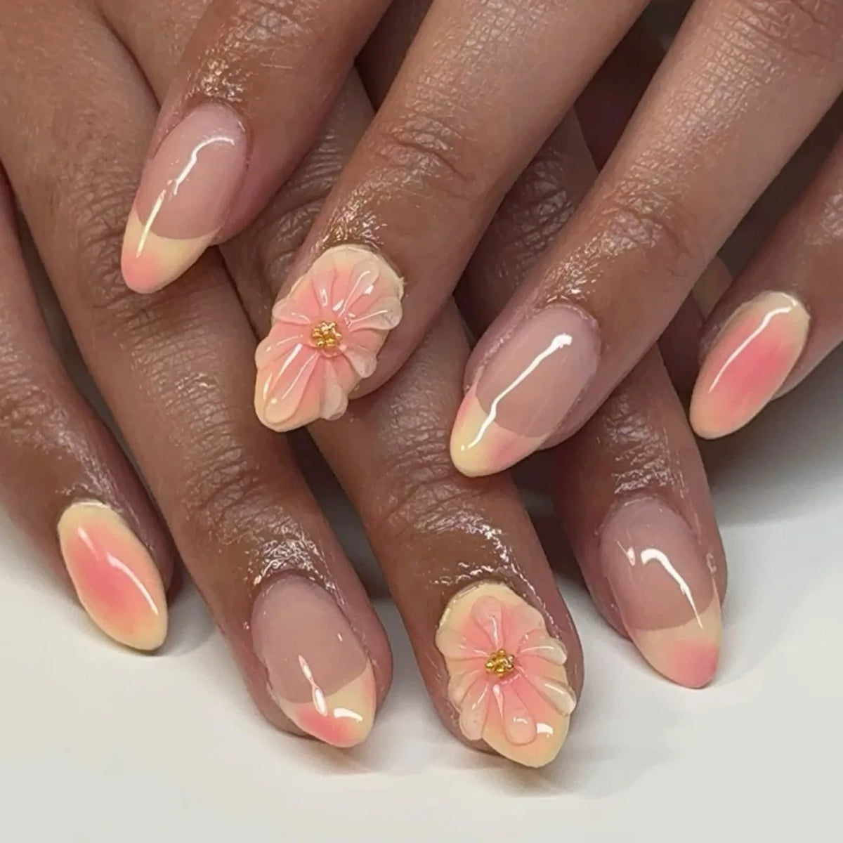 Short fake nails for women gilrs gradient orange pink 3D embossed flowers fruit design for Spring summer press on nails art