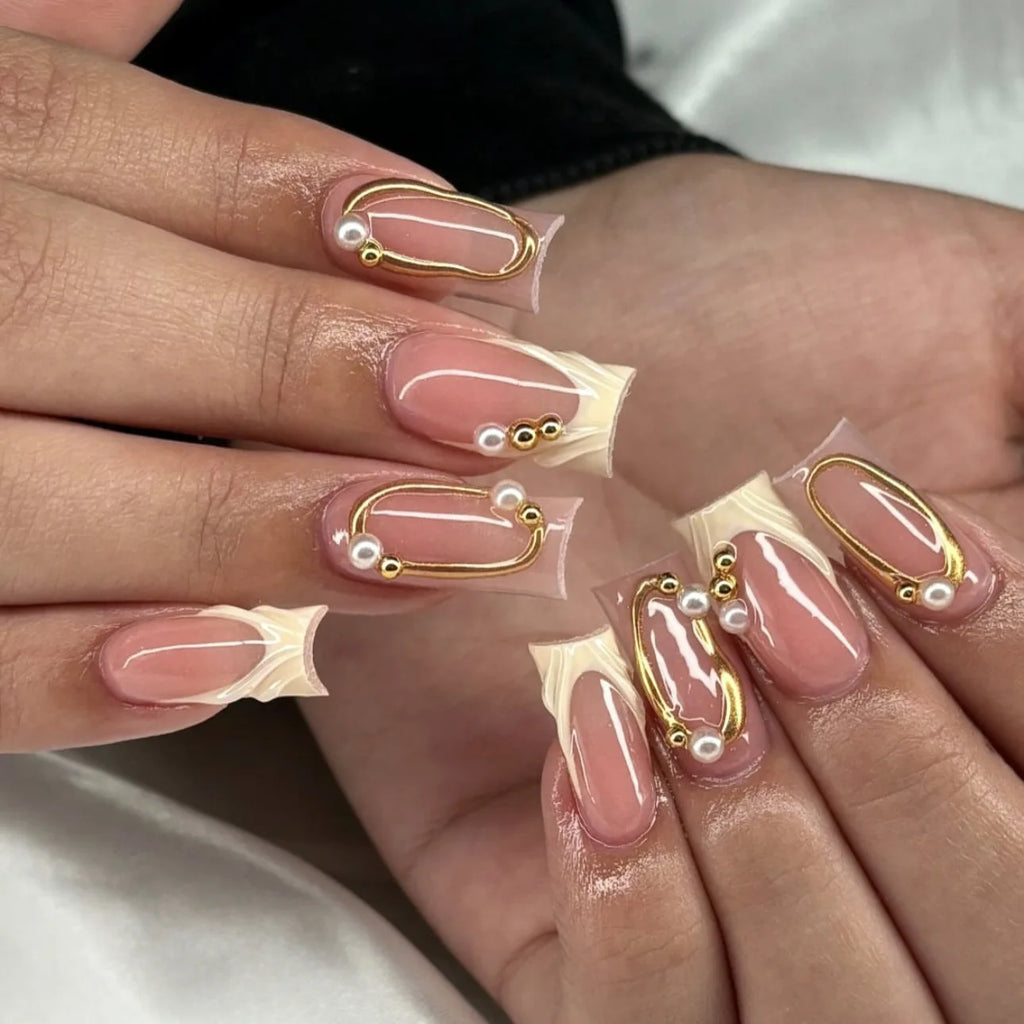 24pcs/set 3D fake nails for women girls french style golden frame embossed white flowers Square shaped full cover press on nails
