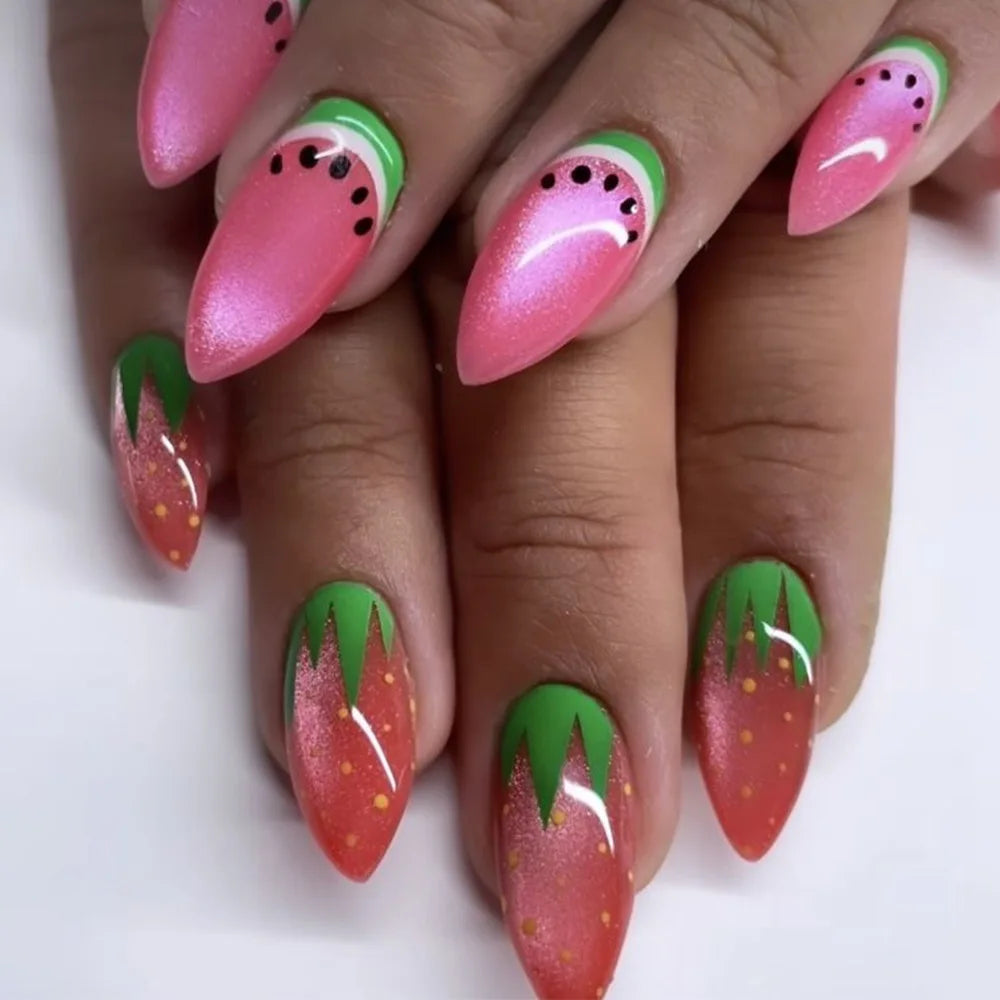 24pcs/set Medium long fake nails for summer season gradient dream blue golden Pink flash star wave lines press on false nail art
