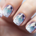 Short fake nails for women girls Gradient blue purple with silver stirps glossy square nail tips fill cover press on false nail