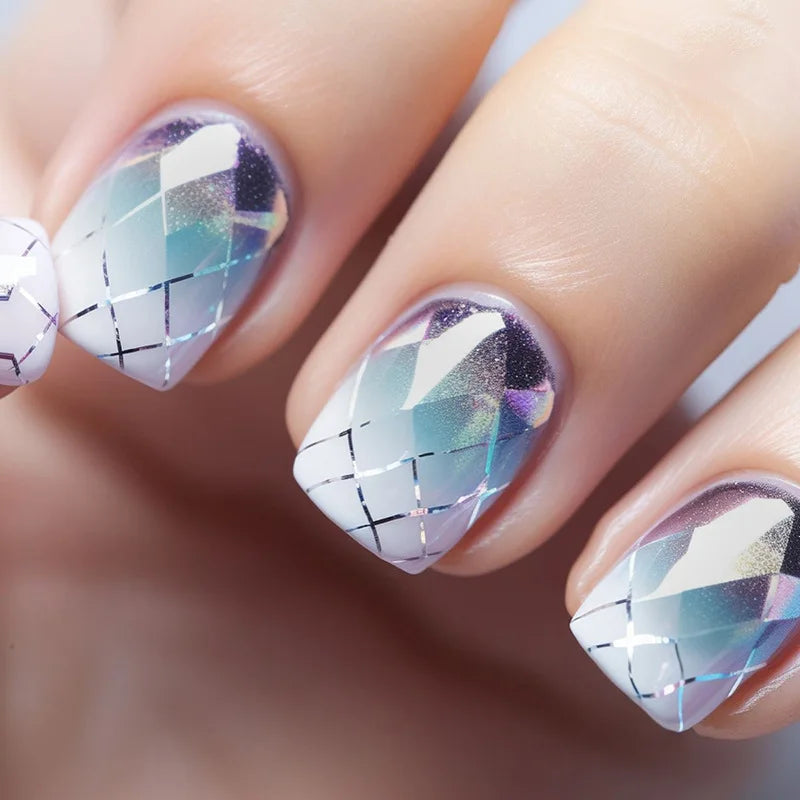 Short fake nails for women girls Gradient blue purple with silver stirps glossy square nail tips fill cover press on false nail