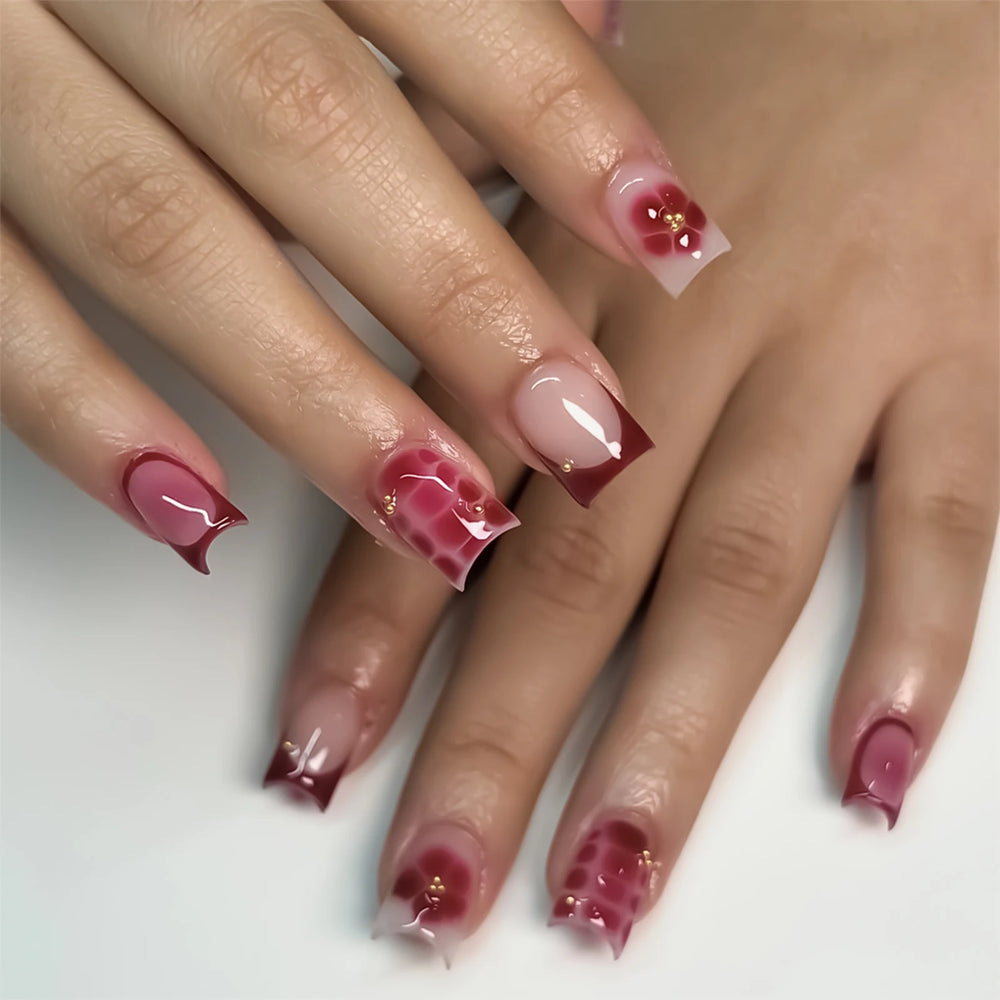 Wine Red Smudged Flower Gold Bead Press-On Nails – Short Square, 24 Pcs