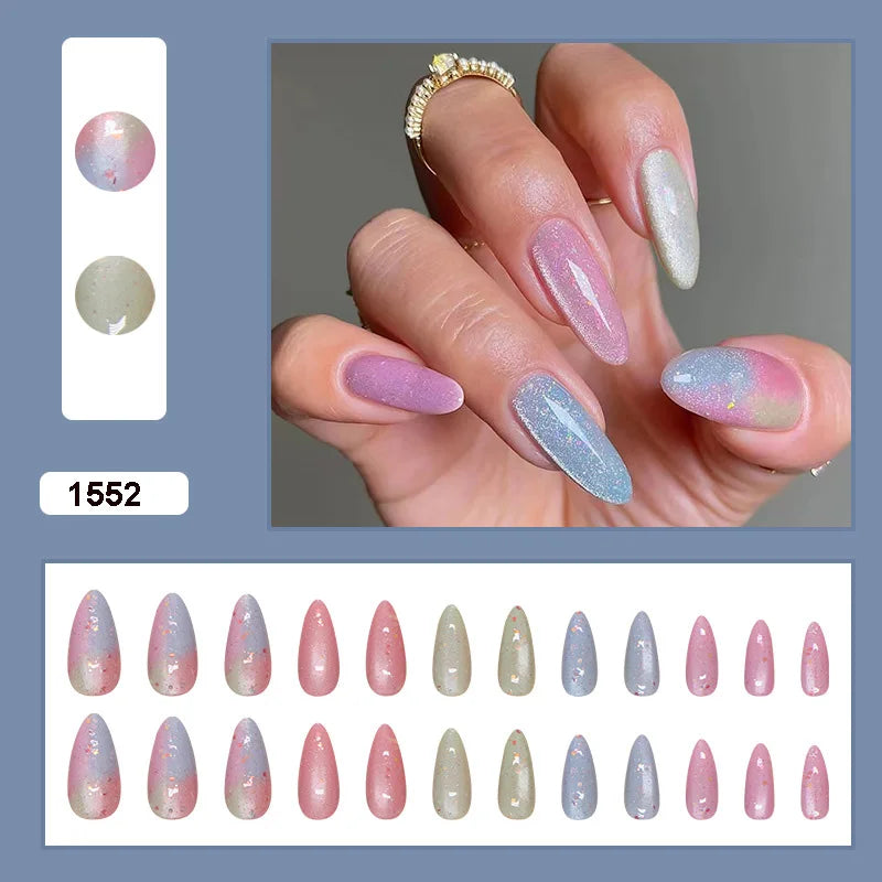 Medium long fake nails for women girls pink blue cat eyes glossy shimmer ballet almond nail tips full cover press on false nail