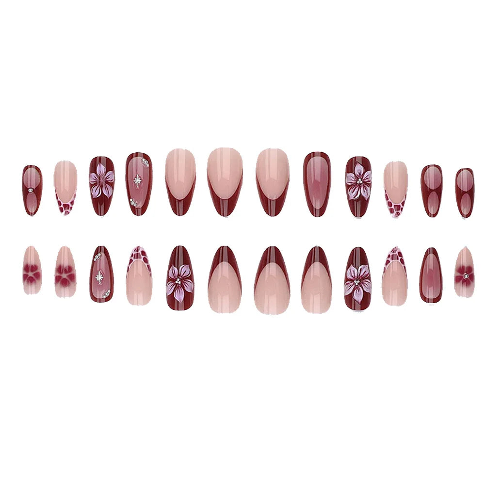 24pcs/set Medium fake nails for women Nude red colors with flowers with rhinestones full cover reusable press on false nail