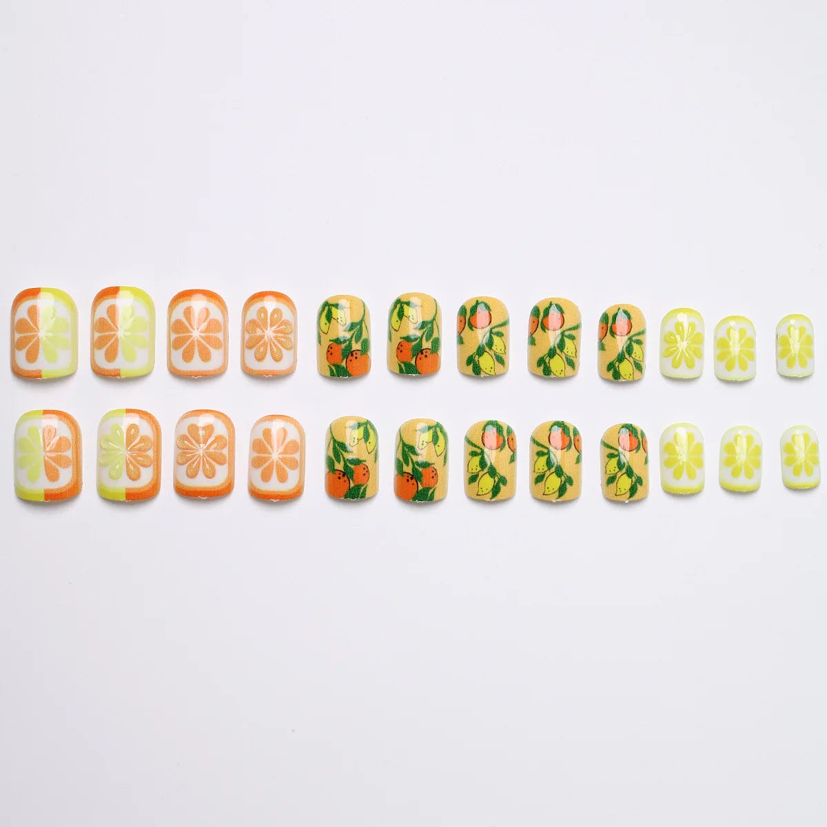 Short fake nail for women yellow orange colors with fruit printing Square nail tips full cover reusable press on false nail art