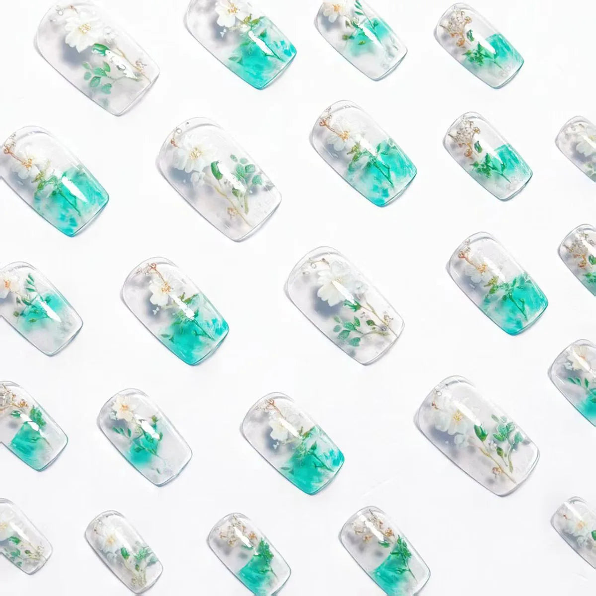 24pcs/set fake nails for women girls Half clear square nail tips gradient green white flowers full cover press on false nail