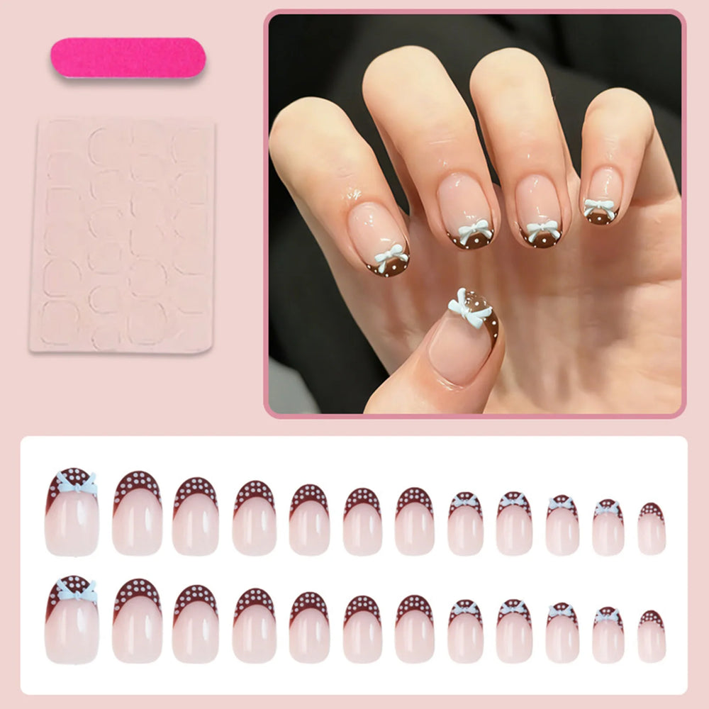 Brown & Blue Polka Dot Bow Press-On Nails – Short Oval, 24 Pcs