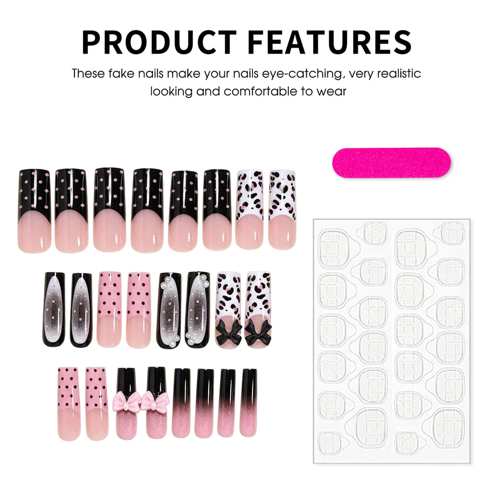 Black Polka Dot Bow & Pearl Press-On Nails – Long Coffin, 24 Pcs