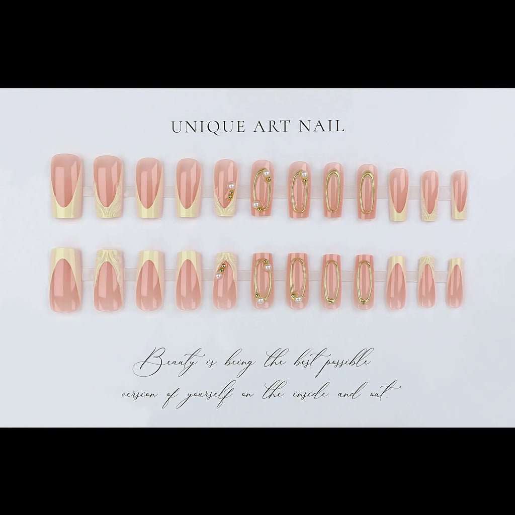 24pcs/set 3D fake nails for women girls french style golden frame embossed white flowers Square shaped full cover press on nails