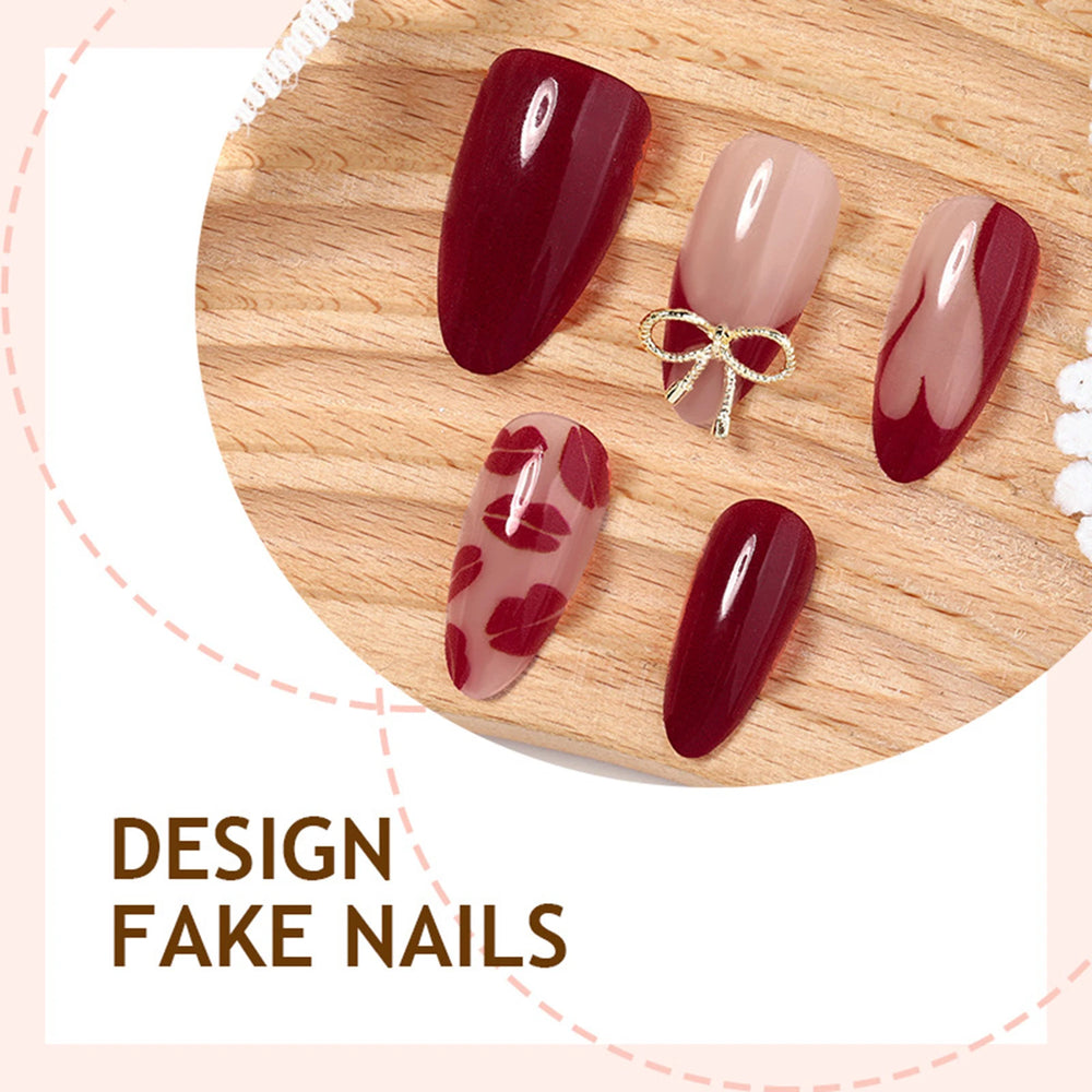 Red Lips Print Wine French Press-On Nails – Almond, 30 Pcs