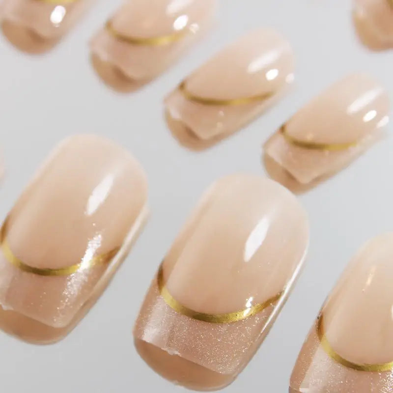 Nude square fake nails with sparkling shimmer nail tips french golden strips design full cover reusable press on Artificial Nai