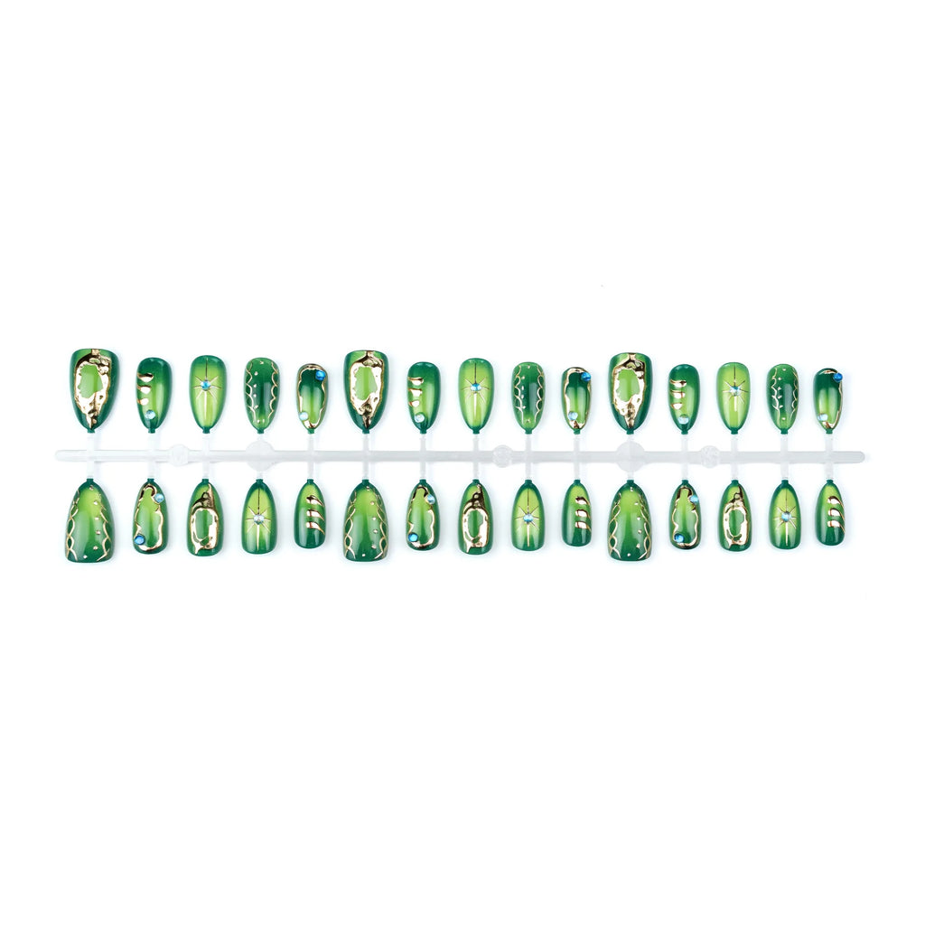 30pcs/set Medium fake nails glossy green cat eyes with golden frame handmade rhinestones reusable ABS press on Artificial Nails