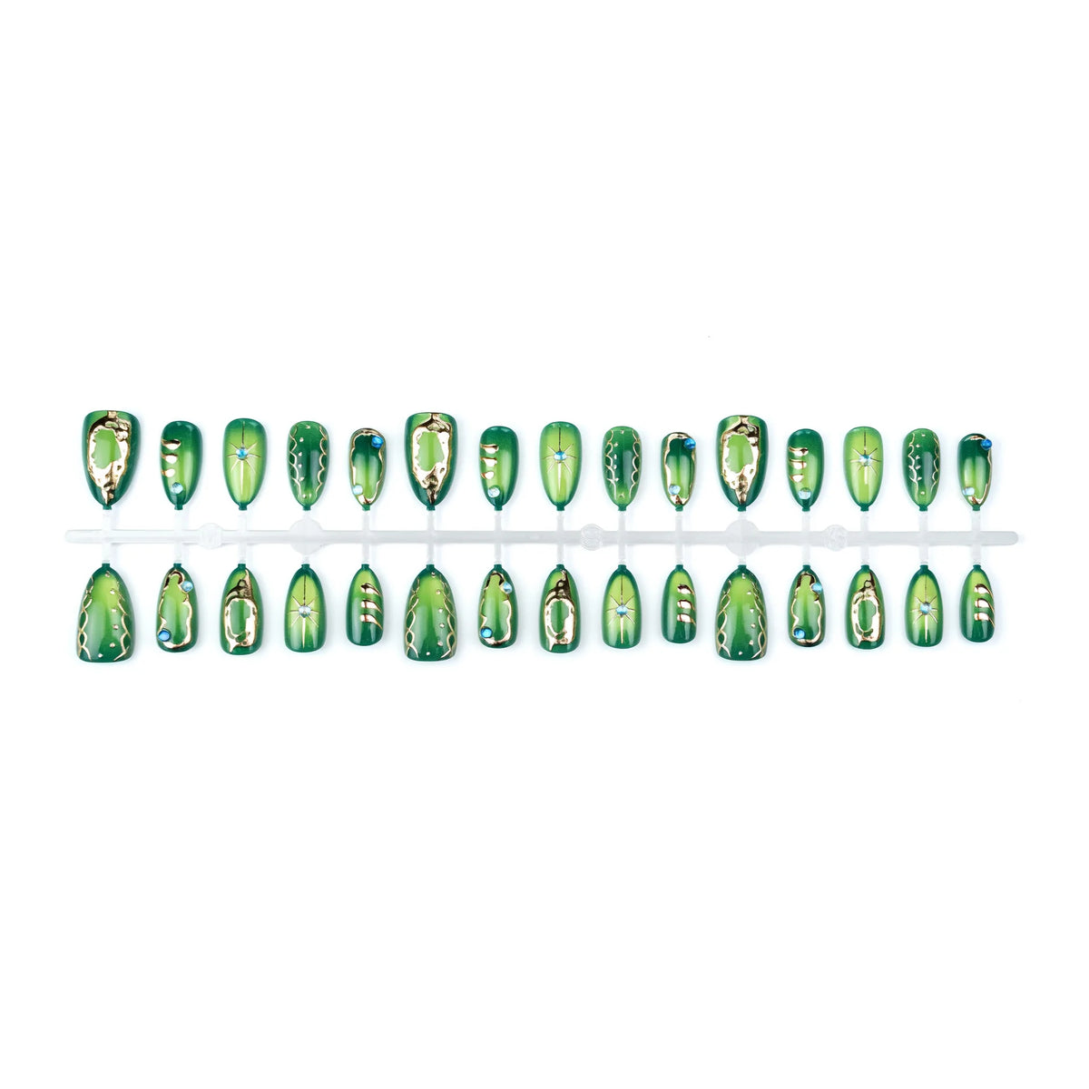 30pcs/set Medium fake nails glossy green cat eyes with golden frame handmade rhinestones reusable ABS press on Artificial Nails