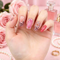 Medium Square fake nails for women 3D embossed flowers with rhinestones french style leopard print press on false nail art