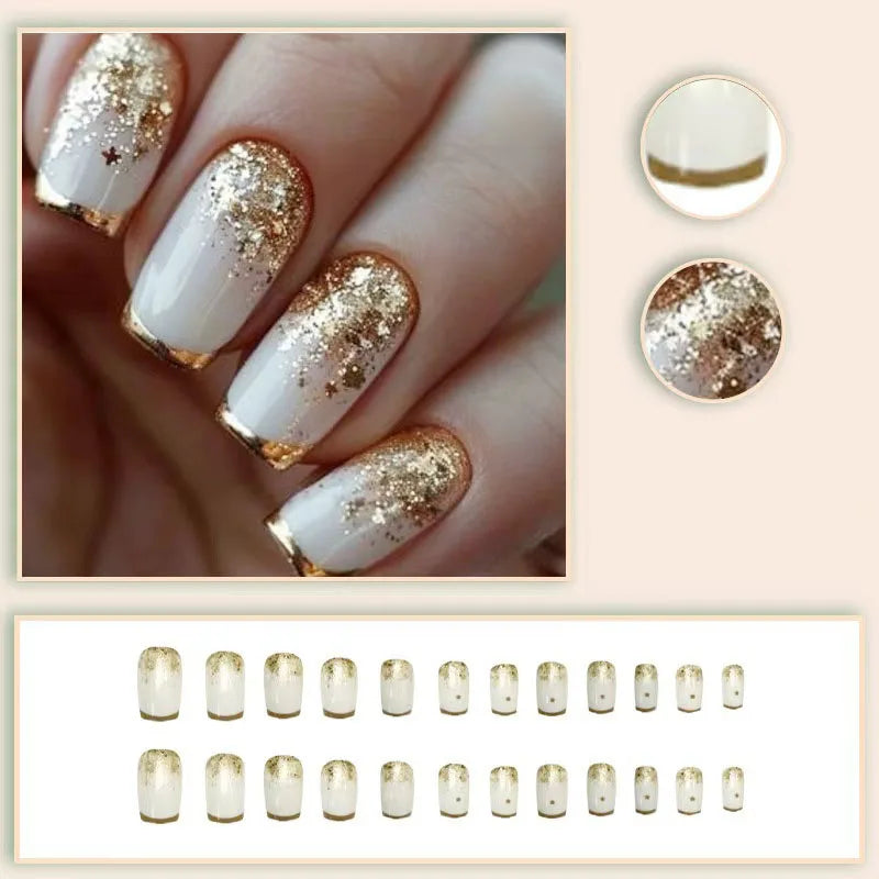 Medium Square fake nails for women girls white pink nail tips with golden silver sparkling glitters frame design press on nail