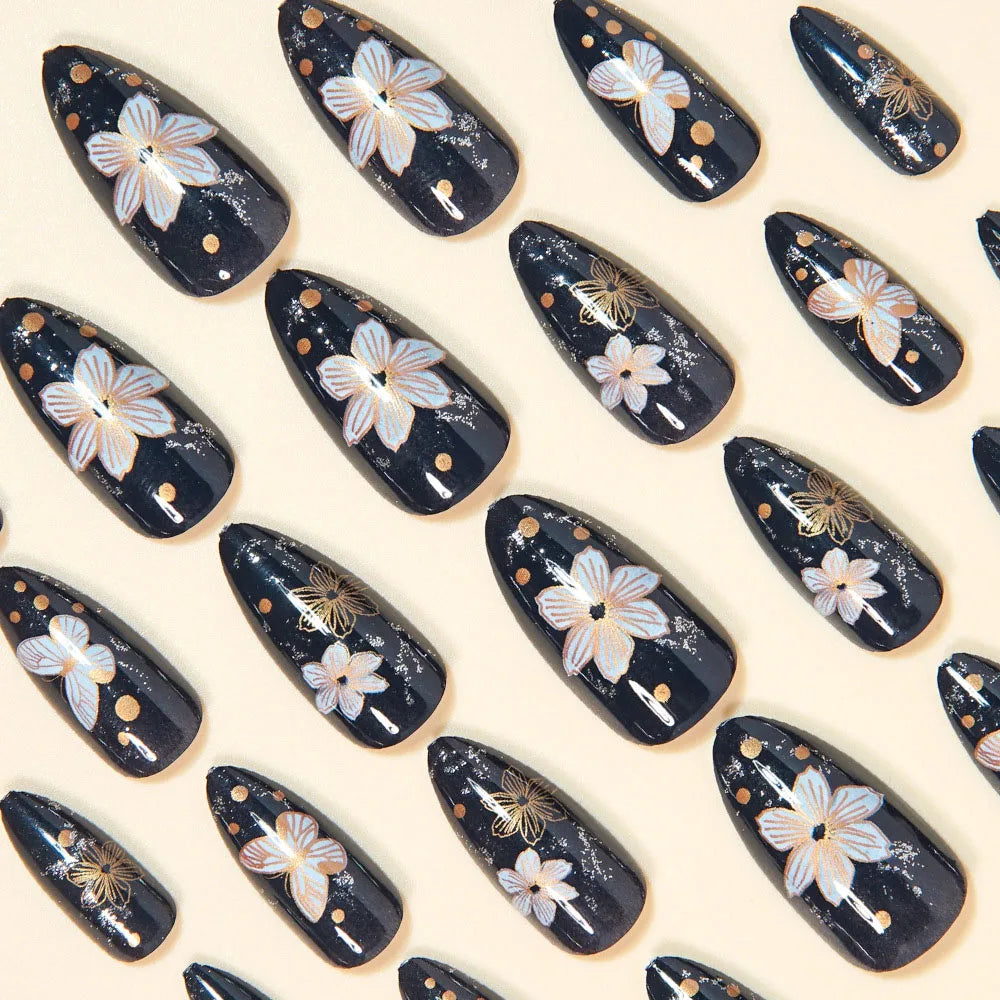 24pcs/set fake nails Glossy Navy Black almond nail tips with golden white flowers butterfly polka dots press on false nails art