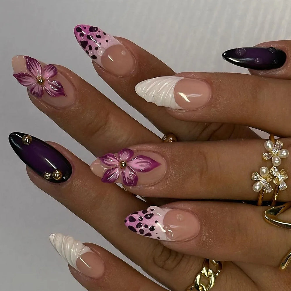 Leopard & Floral French Tip Press-On Nails – Almond, 24 Pcs