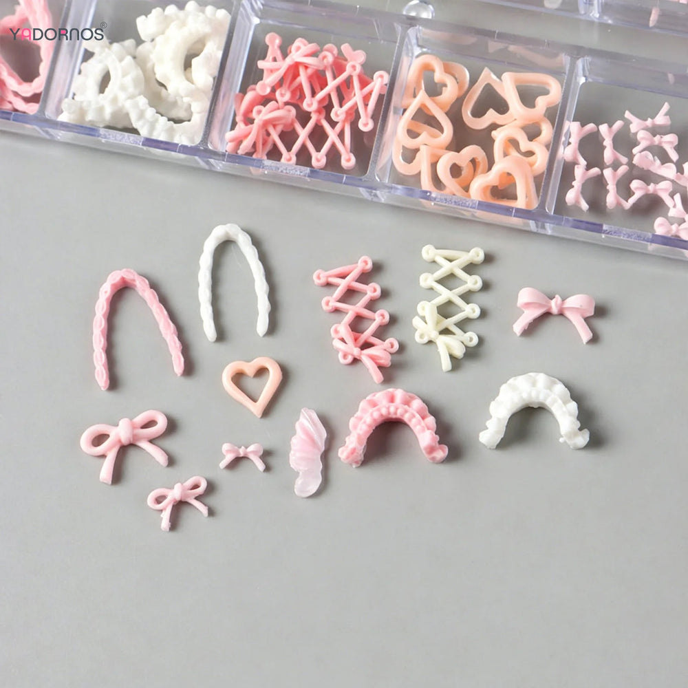 Pink Ballet 3D Bow & Heart Nail Charms – 12-Grid Box