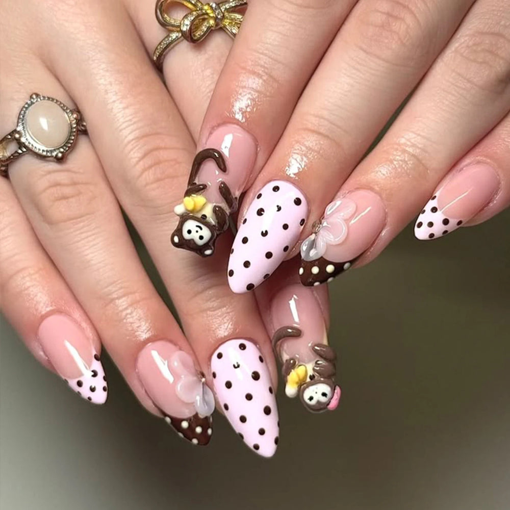 Cute Cartoon Monkey Polka Dot French Press-On Nails – Almond, 24 Pcs