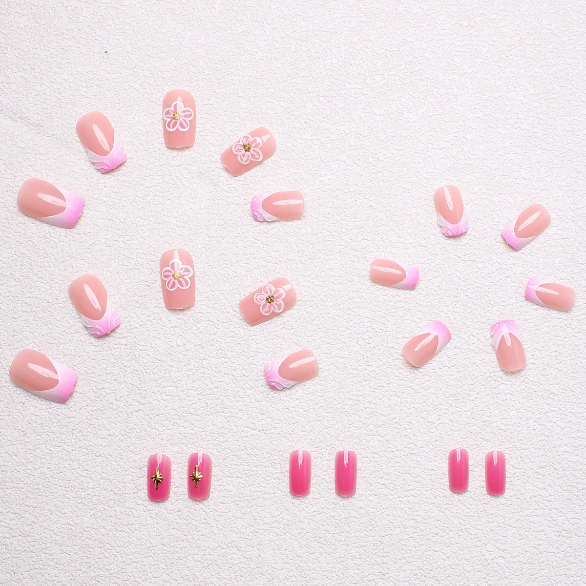 Short Medium fake nails for women 3D embossed flowers gradient Nude pink colors full cover press on acrylic false nail art