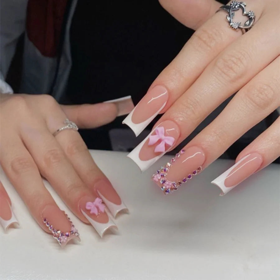 Pink 3D Flower & Metal Bow Press-On Nails – Almond, 24 Pcs