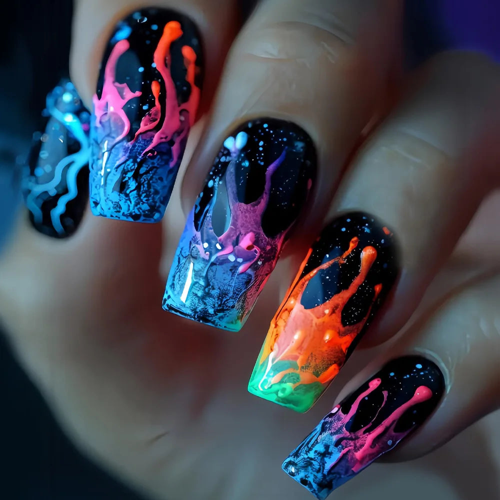 24pcs/set Short Medium Long Fake Nails Gradient Purple Yellow Blue Sunset Y2K Square Almond Summer Tips Press On False Nails Art