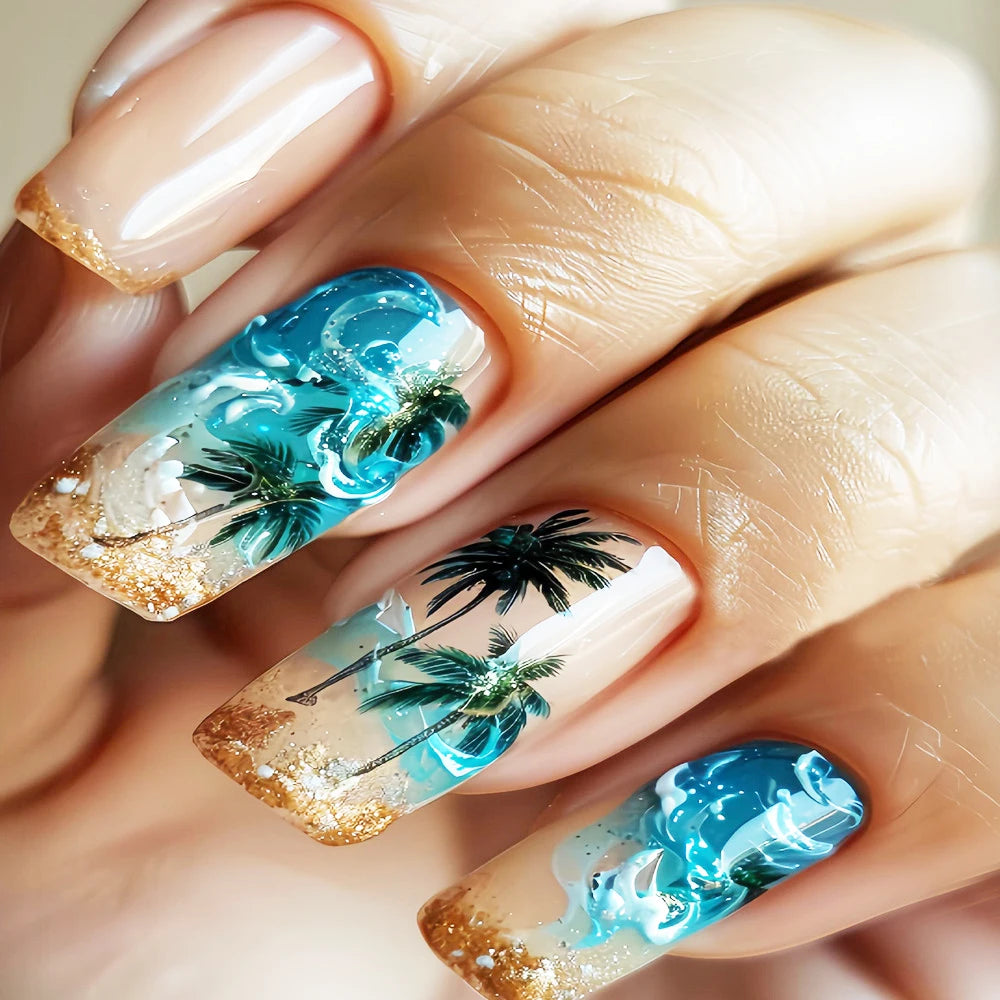 24pcs/sest Short Medium fake nails for women girls colorful flowers Mushroom beach for Summer Autumn Press on false nail tips