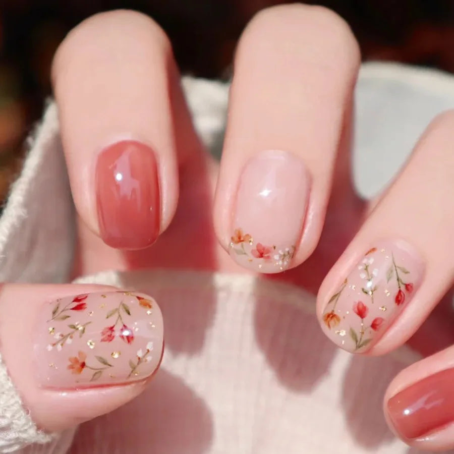 Medium fake nails for women gilrs Gradient red brown yellow square nail tips with Spring summer flowers press on false nail art