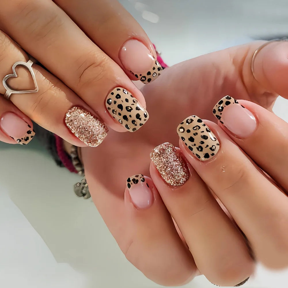Leopard & Cherry Print French Press-On Nails – Short Square, 24 Pcs