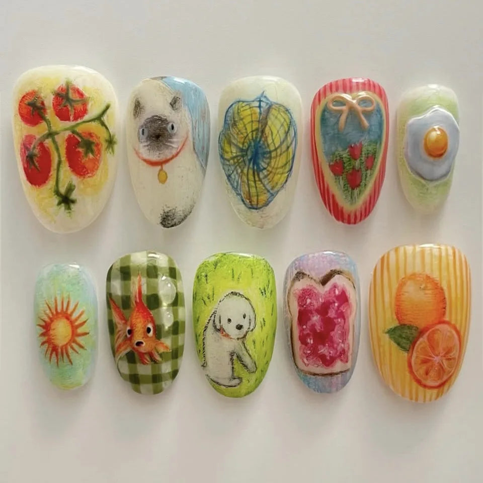 Cute Cartoon Oil Painting Press-On Nails – Almond, 24 Pcs