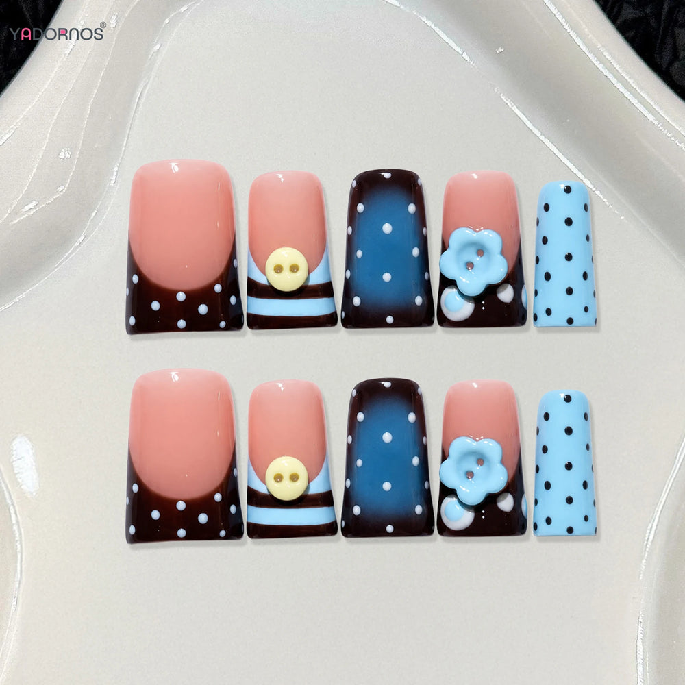 Blue Stripe Polka Dot 3D Flower Handmade Press-On Nails – Duckbill, 10 Pcs