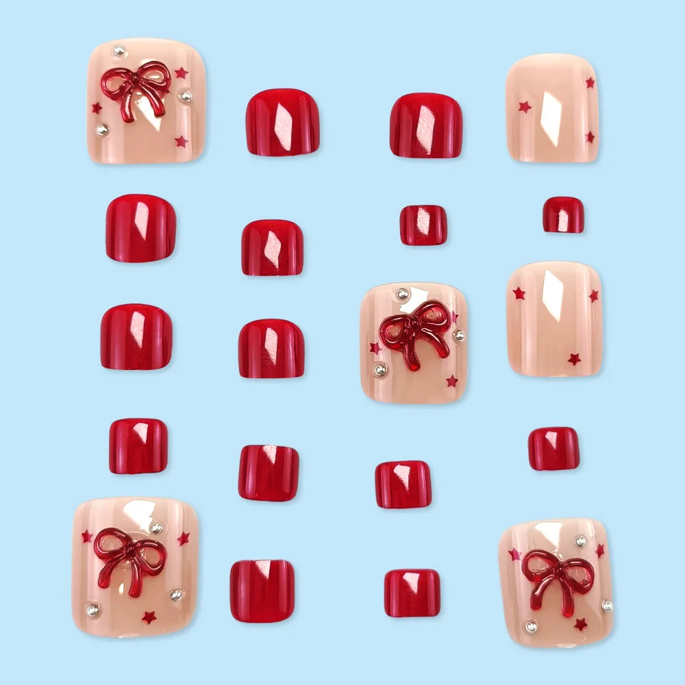 Red Bow & Star Rhinestone Press-On Toenails – Short Square, 24 Pcs