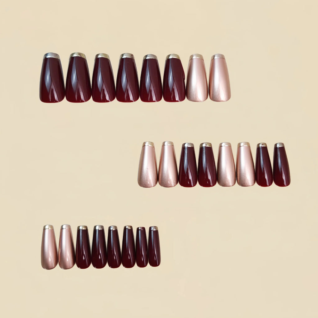 24pcs/set Medium long fake nails gradient red black golden glossy ballet almond french tips for New Year press on false nail art