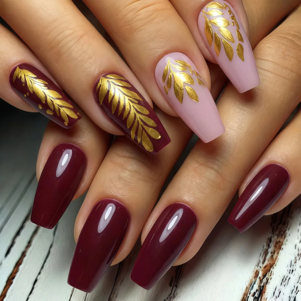 Medium Ballet fake nails for women girls 3D golden gilding flowers leaf new year red full cover nail tips press on false nail