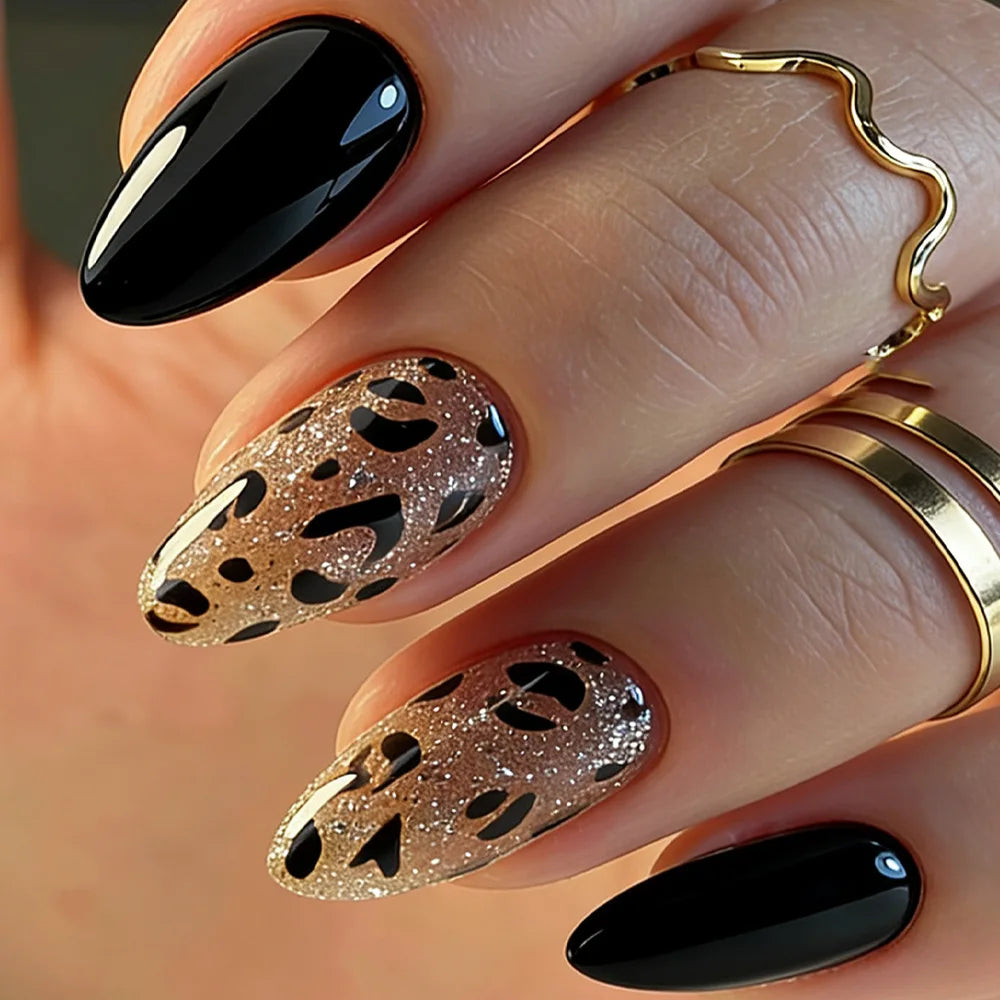 24pcs/set Almond fake nails for women gilrs black brown leopard printing with glitter design full cover manicure press on nail