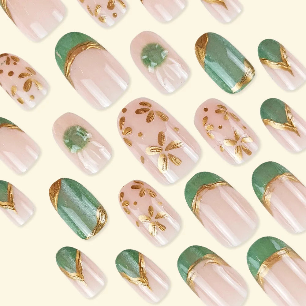 Short Medium fake nails for women Nude golden green shimmer nail tips oval almond shape flora design full cover press on nails