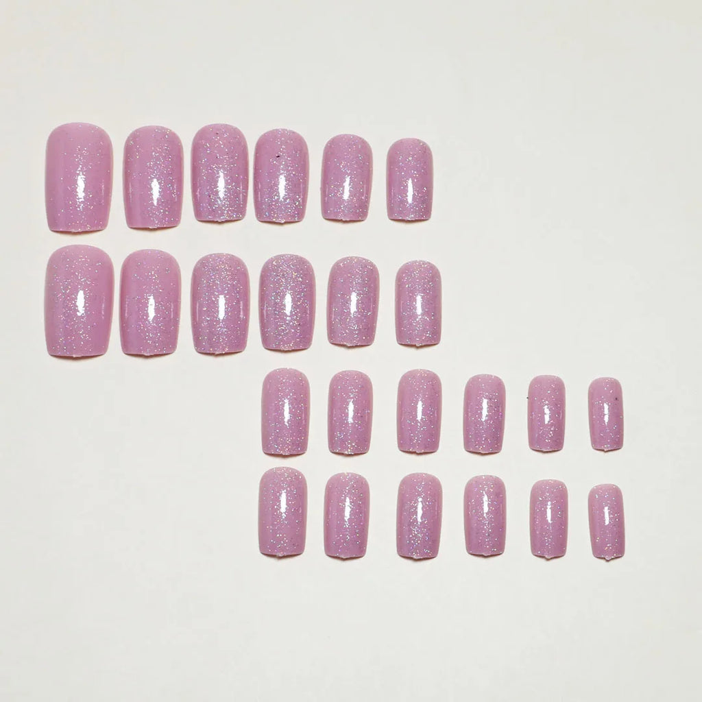24pcs/set Pink fake nails for women girls with sparkling glitters Square nail tips full cover reusable press on false nail art