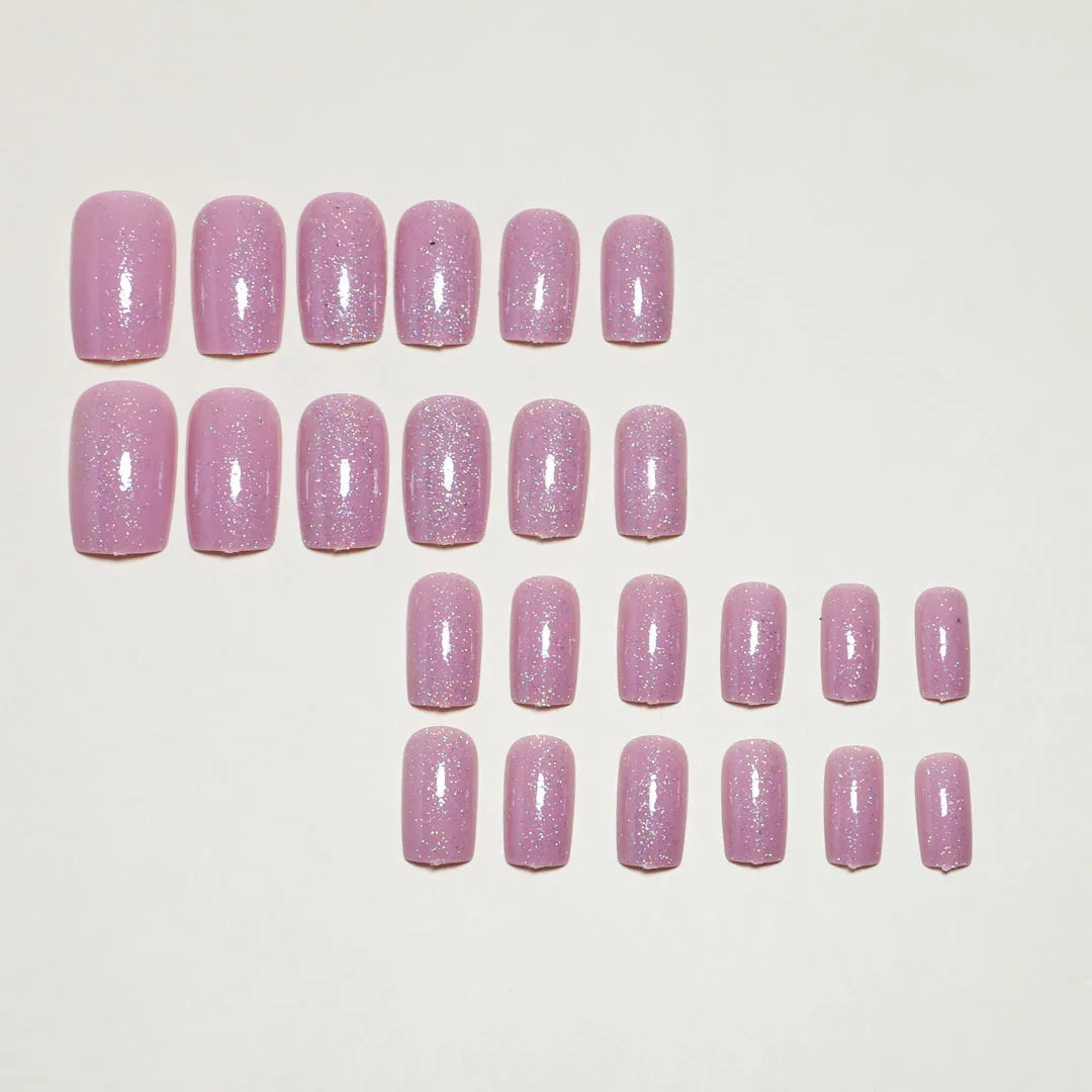 24pcs/set Pink fake nails for women girls with sparkling glitters Square nail tips full cover reusable press on false nail art