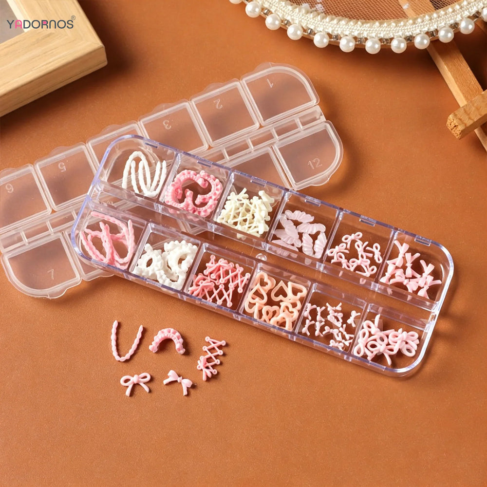 Pink Ballet 3D Bow & Heart Nail Charms – 12-Grid Box
