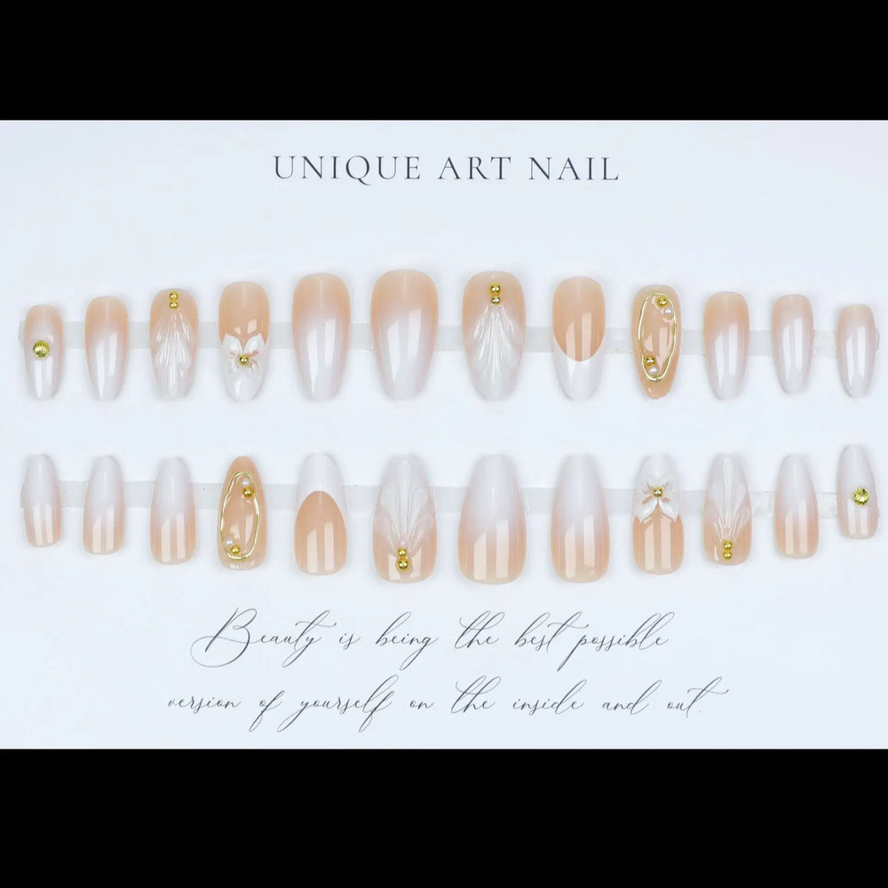 Gold Stripe Flower White French Press-On Nails – Almond, 24 Pcs